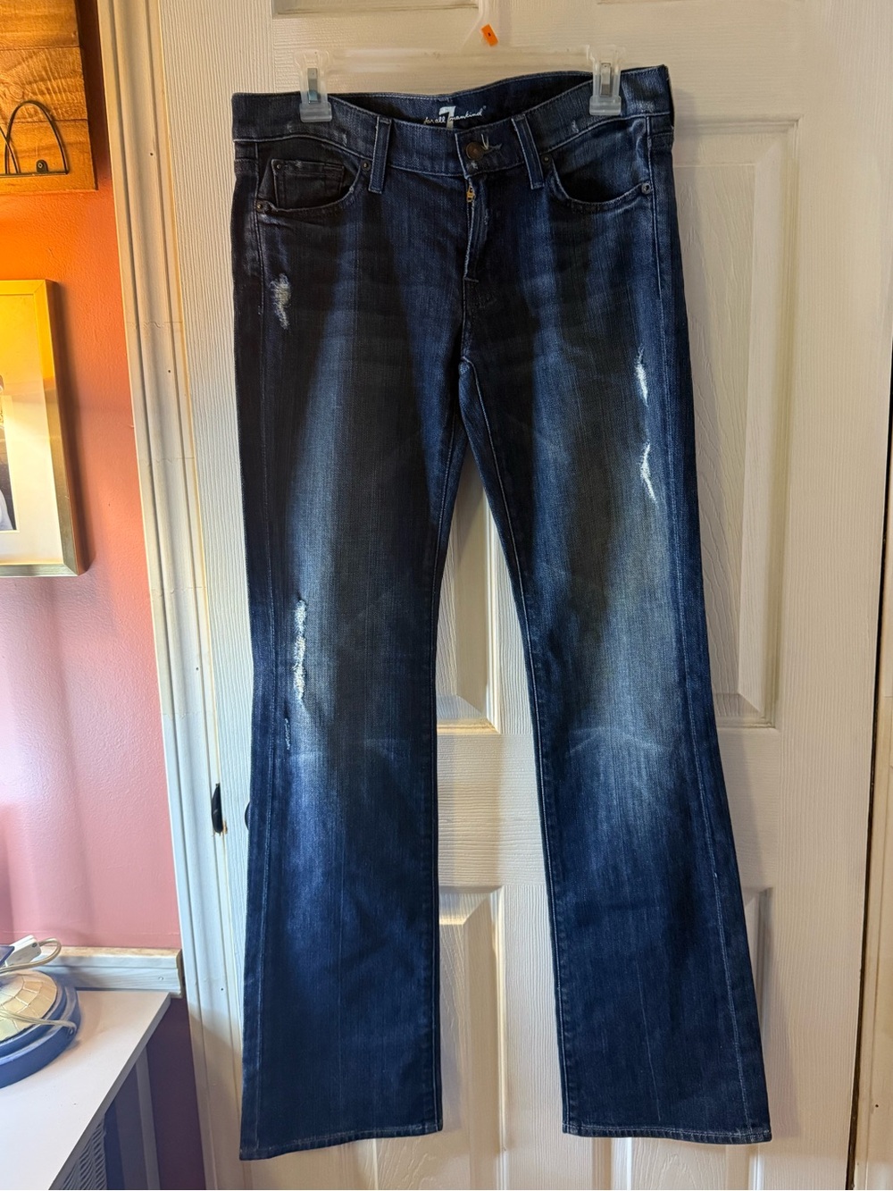 7 For all Mankind Men's Dark Blue Distressed Bootcut Jeans